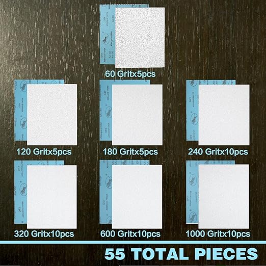 Kingcattle|Multi-Purpose White Sandpaper|60 to 1000 Grit Dry Sanding Paper Combo Pack|55 Sheets 9x11 Inch Sand Paper|Suitable for Sanding and Polishing Wood, Metal, and Painted Surfaces