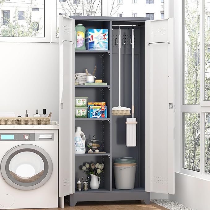 GREATMEET 72'' Metal Utility Storage Cabinet with Pegboard & Tool Hanging Bars, Double Door Cleaning Supply Organizer with Adjustable Shelves, Tall Garage Janitor Storage Cabinet, Gray White