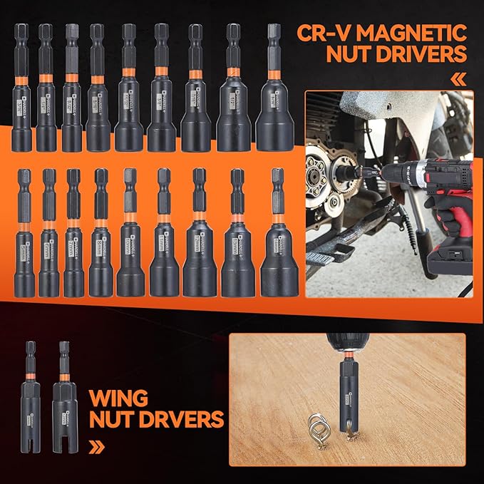 HARDELL Magnetic Nut Driver Set 55PCS, 1/4" Impact Driver Bit Set, Deep Nut Drivers for Impact Drill, Socket Adapters, Screwdriver Bit, Quick-Release Extension, Wing Nut Driver, Magnetizer