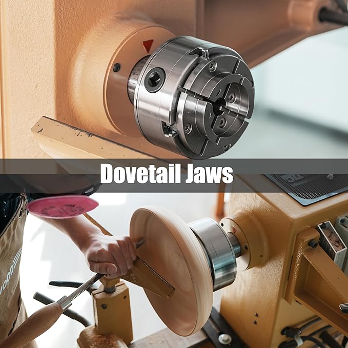 4.5" Woodlathe Chuck, Thread 1-1/4"x8TPI", Dovetail Jaws, Pin Jaws, 8" Flat Jaws, Step Jaws, Wide Jaws, Wood Screw, Thread adaptor to 1"x8TPI, Two Nylon Washers, Two Chuck Keys and T Handle Allen Key.