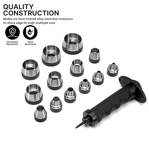 NEIKO 02604A Hole Punch Set | SAE & Metric, 3/16????1-3/8??& 5 ??35mm | 14 Piece Sharp Hollow Hole Punch Kit, Gasket Cutting Puncher, Foam Cutter, & Leather Hole Punches | 6??Interchangeable