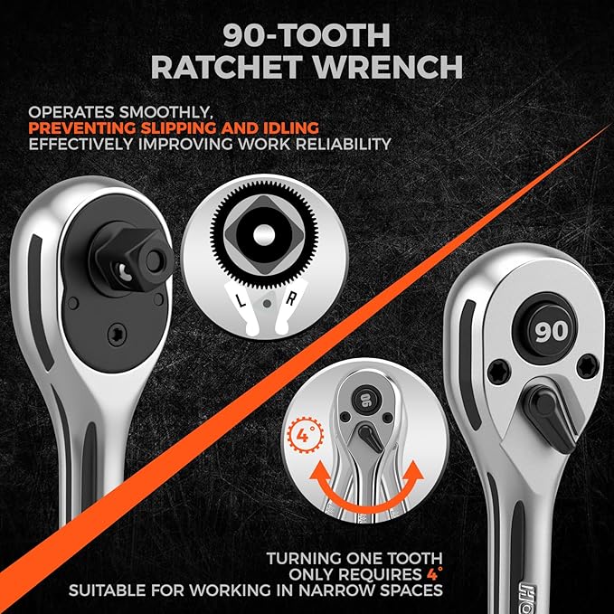 HORUSDY 3/8" Drive 90T Quick-Release Ratchet Handle, Reversible, Chrome Alloy Made, Full Polished, Includes 3/8" to 1/2" Socket Adapter, Ideal for Auto Repair, Home & Industrial Use