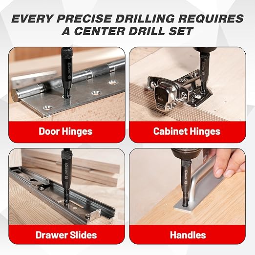 EZARC 14PCS Self Centering Drill Bit Set, Center Drill Bit Set with Replacement Bits, Screwdriver Bits & Bit Holder - 1/4" Hex Shank for Cabinet Hinges & Woodworking with Storage Box