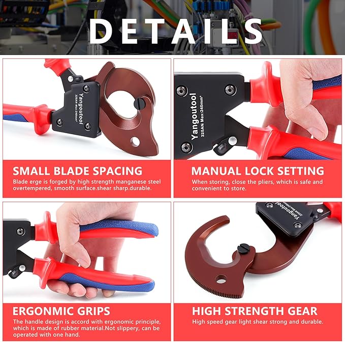 Yangoutool Ratchet Cable Cutter Heavy Duty for Copper and Aluminum Cables, 240mm짼 Capacity, Sharp Polished Edges, Ideal for Cutting Large Armored Electrical Wires, Perfect for Electricians