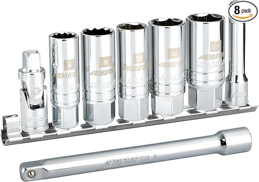 AEROFORCE 3/8-Inch Drive Spark Plug Socket Set 8PCS - Includes 6 Point Sockets 5/8-inch, 3/4-inch and 13/16-inch, 12 Point Sockets 14mm&18mm, 2 Extension Bars,Universal Joint