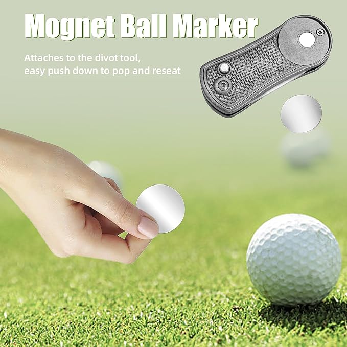 Mile High Life Golf Divot Repair Tool, All Metal Foldable Divot Tool with Pop-up Button & Magnetic Ball Marker