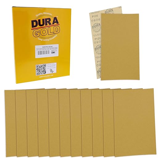 Dura-Gold Premium 5" x 2.75" Gold Sandpaper Sheets, 120 Grit (Box of 40) - Hook & Loop Backing, Wood Furniture Woodworking, Auto Paint - for Palm Sanders, Clip-On, Hand Sanding Blocks