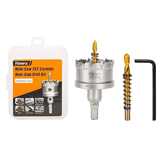 Hole Saw 2-1/16" (52mm) Heavy Duty Carbide with 2 Pilot Drill Bits - Metal Hole Cutter Cuts Stainless Steel, Iron, Copper, Brass, Plastic