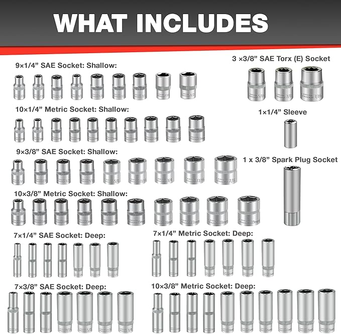 122Pcs 1/4" & 3/8??Drive Impact Socket Set, Ratchet Socket Wrench Set with Extention Bar, Adapter, Screw Bits,Drive Bit Holder, Spark Plug Socket,CR-V