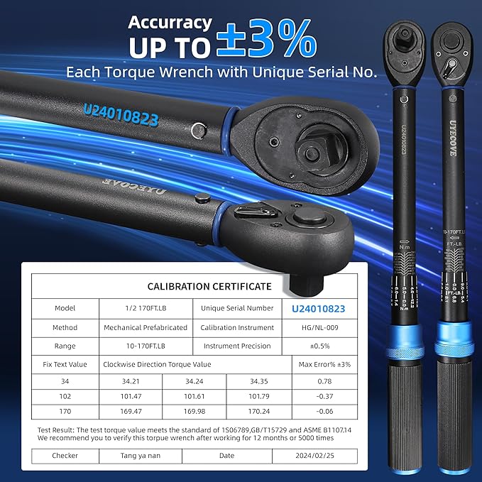UYECOVE 1/2-Inch Drive Click Torque Wrench, Dual-Direction Click Professional Torque Wrench 10-170FT.LB/13.6-230.5N.M, Dual Range Scales Graduated in FT.LB and N.M, Blue