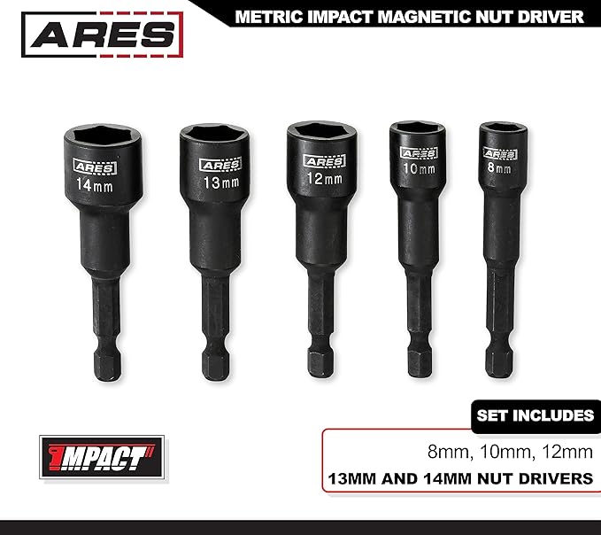 ARES 70029 - Metric Impact Magnetic Nut Driver Set - 2 1/2-Inch Impact Grade Nut Setter with Industrial Strength Magnet