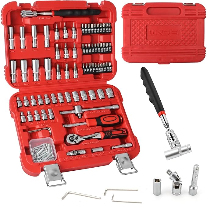 LLNDEI 106PCS 1/4-inch Drive Socket Set with Wrench, CR-V Steel Kit, Ratchet Handle, Screwdriver Bit Set & Magnetic Pickup Tool, With 11x8x2.5-inch Carrying Case