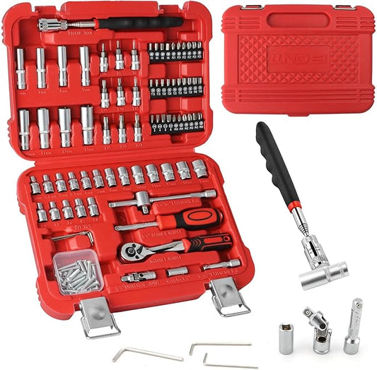 LLNDEI 106PCS 1/4-inch Drive Socket Set with Wrench, CR-V Steel Kit, Ratchet Handle, Screwdriver Bit Set & Magnetic Pickup Tool, With 11x8x2.5-inch Carrying Case