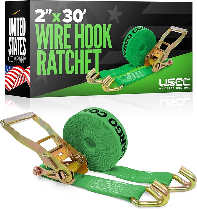 US Cargo Control Wire Hook Ratchet Strap 2 Inch x 30 Foot, 10,000 LBS Break Strength, Ratchet Straps Heavy Duty with Double J Hooks, Green Cargo Tie Downs for Flatbed Trailers and Trucks