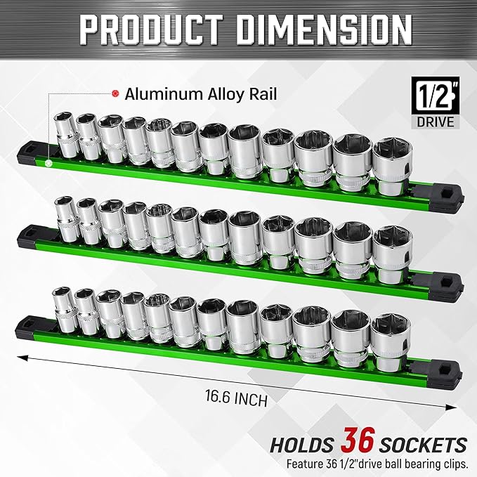ALOANES 3-Piece Magnetic Socket Organizer, Heavy Duty Aluminum Socket Rails Organizer, 360째 Swivel Clips Socket Rail Set For Sockets Storage, 1/2-Inch Socket Holder x 36 Clips (Green)