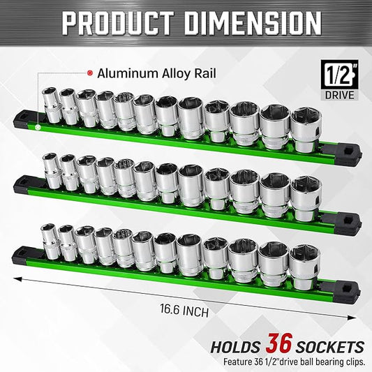 ALOANES 3-Piece Magnetic Socket Organizer, Heavy Duty Aluminum Socket Rails Organizer, 360째 Swivel Clips Socket Rail Set For Sockets Storage, 1/2-Inch Socket Holder x 36 Clips (Green)