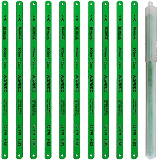 12"(300mm) Hacksaw Replacement Blades Set, Bi-Metal High Speed Steel Hack Saw Blade Sets 32T HSS Saw Blades, 10 Pack