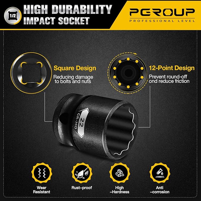 15-Piece 1/2" Drive Shallow Impact Socket Set, Metric Size (8-22mm) 12-Point Socket Set, CR-MO Steel for Automotive & DIY