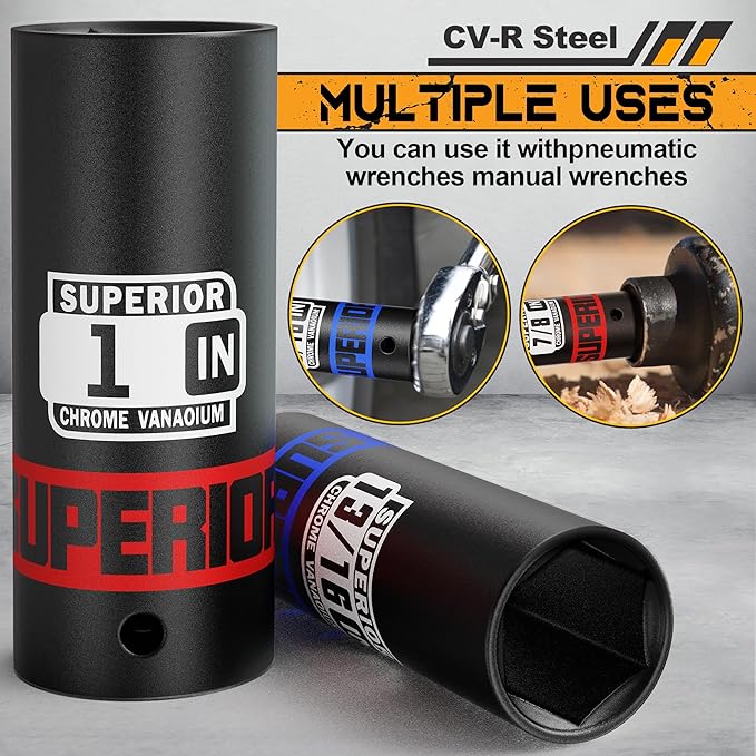 12 Piece 1/2" Drive Deep Impact Socket Set, 3/8" to 1", SAE, 6 points, CR-V Material, Cars, Motorcycles, Tire Changes