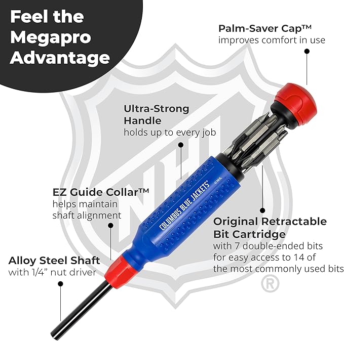 MEGAPRO짰 NHL짰 Team Edition Multi-bit Screwdriver | Officially Licensed NHL짰 Gear | Durable, Ergonomic, Pro-Grade Screwdriver (Columbus Blue Jackets짰)