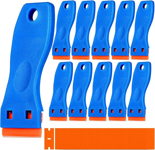 10 Plastic Razor Blade Scraper, 100 Pcs Blades, Remove Label Decal Tool for Stickers, Gaskets and Paints on Window Car Glass