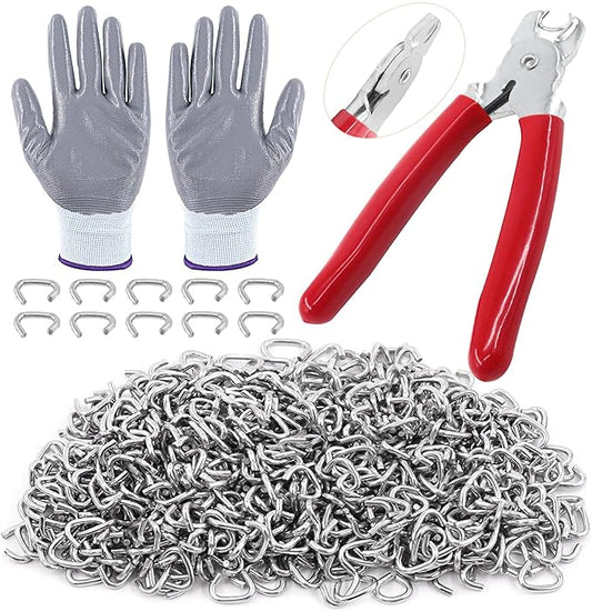 Tanstic 1001Pcs 3/8'' Hog Rings and Hog Ring Plier Kit, 1000Pcs Galvanized Hog Rings and Hog Ring Plier with Cut Resistant Gloves for Bungee, Animal Pet Cages, Bagging, Fencing and Furnitures