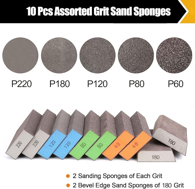 BOSHCRFAT 10 Pack Sanding Block, Washable and Reusable Sanding Sponge for Wood Drywall Metal Glasses Coarse/Medium/Fine/Superfine in 60/80/100/120/180/220 Grit Sandpaper Block Sand Paper Brick