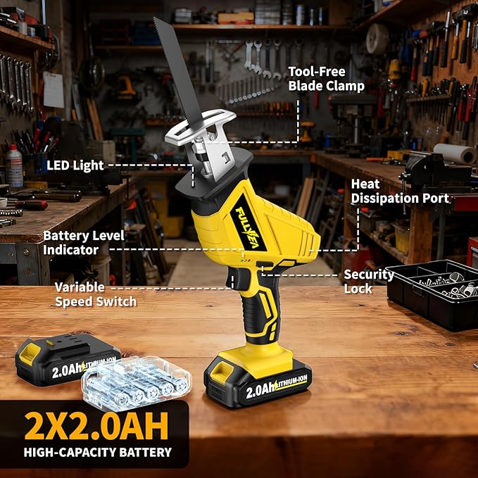 Reciprocating Saw Cordless, Variable Speed 0-3500SPM Power Reciprocating Saw, Tool-Free Blade Change, Battery Reciprocating Saws with 4 Saw Blades for Woods/Metal/Plastic Cutting, Yellow