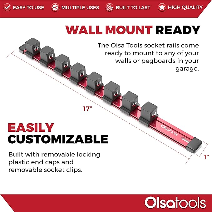 Olsa Tools Socket Organizer - 3/4-Inch Drive - Red Rail Holder for Impact Sockets - Heavy-Duty Storage for Mechanics - Professional Grade Metric or SAE Socket Organizer - Part: 1133