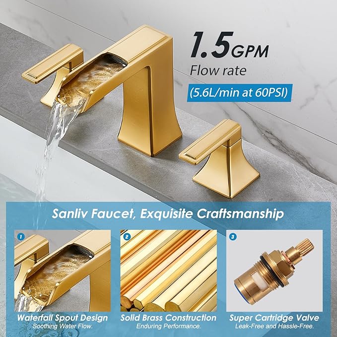 Brushed Gold Waterfall Bathroom Faucet, Sanliv 2-Handle Widespread Bathroom Faucet for 3-Hole Sinks 4-8 inch, Modern Vanity Faucets with Pop Up Drain, Champagne Bronze