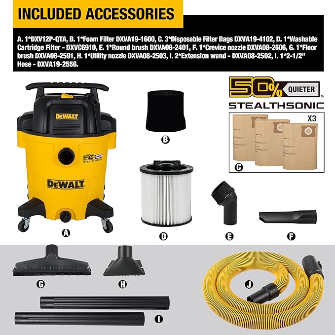 DEWALT 12 Gallon STEALTHSONIC Ultra Quiet Poly Wet Dry Vacuum, DXV12P-QTA Powerful Suction Noise Reduction Vac, 5.5 Peak HP Shop Vacuum for Jobsite/Workshop, Reduce Motor Noise, Yellow
