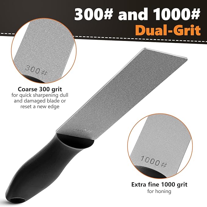 Feekoon 2 Pcs Dual Grit Diamond Sharpening Stone File Coarse 300# /Extra Fine 1000# Grit with Leather Sleeve Garden Tool Blade Sharpener for Knife, Axe, Lawn Mower Blade, Shears, Chisel Spade(Black)