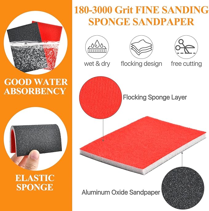 60 Pcs 180-3000 Grit Sanding Sponge Set, 3 x 4 Inch Ultra Fine Sanding Sponges Pads, Wet and Dry Sand Paper for Metal Wood Furniture Drywall Walls Stone Automotive Paint Plastic