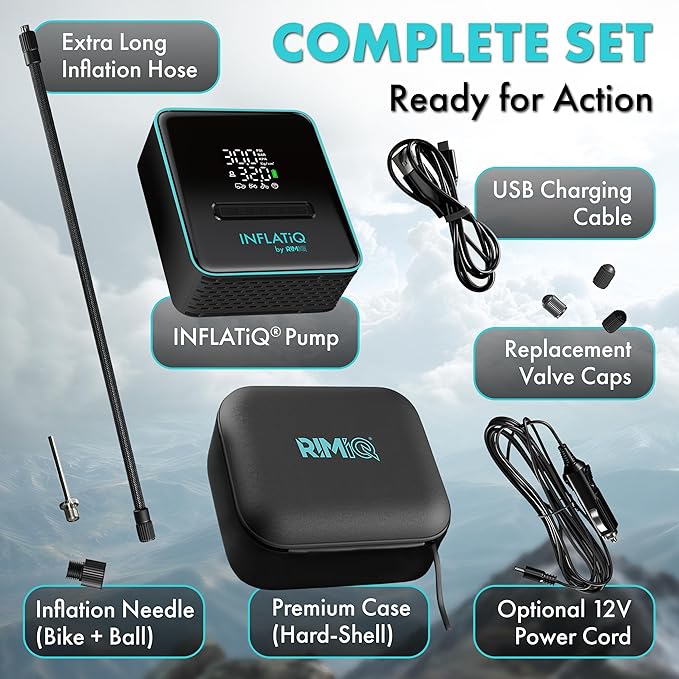 INFLATiQ by RIMiQ Tire Inflator - Powerful, Award-Winning QWIKFLOW Technology with 2 Portable Power Options Included - Strong Vehicle Air Pump for Trucks, Cars, Motorcycles, Bicycles, Balls and More