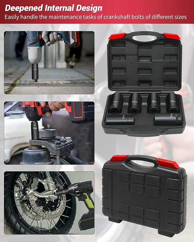 1/2?쇺?Drive Crank Bolt Socket Set, weighted socket set 6 Pack 17MM, 19MM, 21MM, 22MM, 24MM, 27MM, Harmonic Balancer Socket Set, 3 Times Momentum Power of Standard Impact Sockets