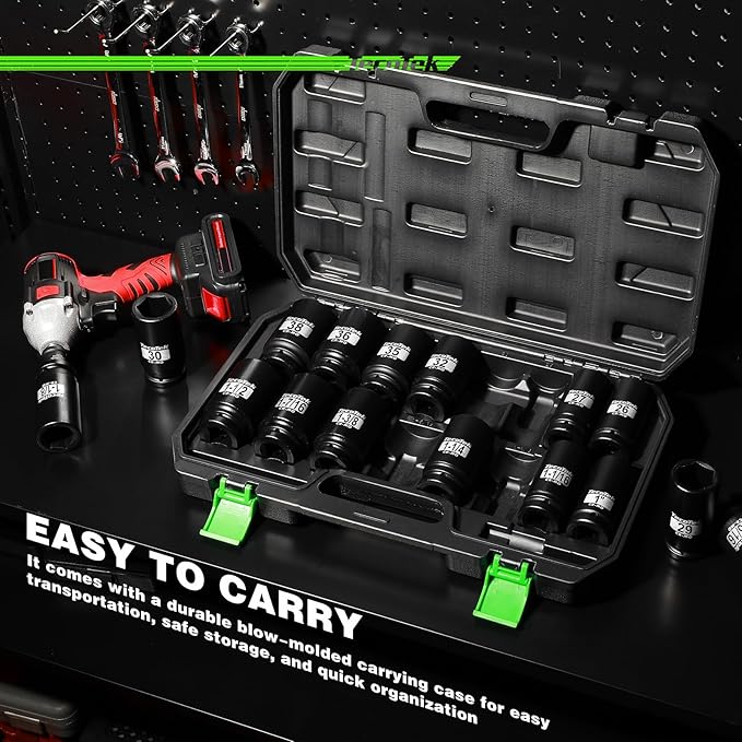 3/4" Drive Deep 6-Point Impact Socket Set, 17-Piece Jumbo Assortment, Cr-Mo, SAE (1-Inch to 1-1/2-Inch) and Metric (26mm to 38mm), 1/2" F to 3/4" M Impact Socket Adapter
