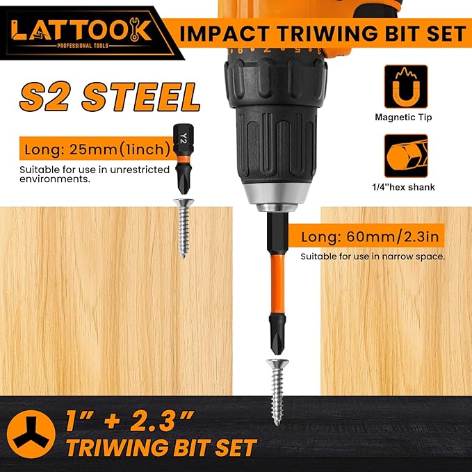 Impact TriWing Bit Set, LATTOOK 21-Pieces Triwing Screwdriver Bits Set 3 Point Y-Shaped Y Tip Screwdriver Bit, Magnetic S2 Steel, Y000, Y00, Y0, Y1, Y2, Y2.5, Y3, Y4, Y5, Y6