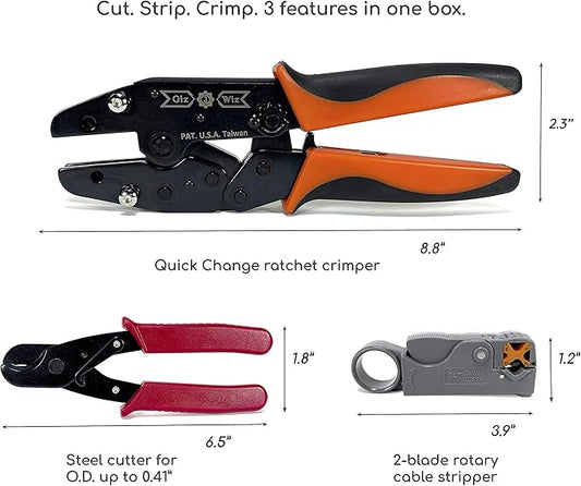 GIZWIZ Professional All-In-One RF Coax Quick Change Tool Kit Crimper Cutter Stripper 5 Interchangeable Die Sets