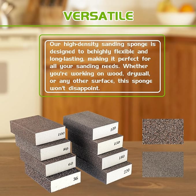 8 Pack Washable Reusable Sanding Blocks 36/60/80/100/120/150/180/220 Grit Assortment Sanding Sponge for Wood/Drywall/Metal/Glasses