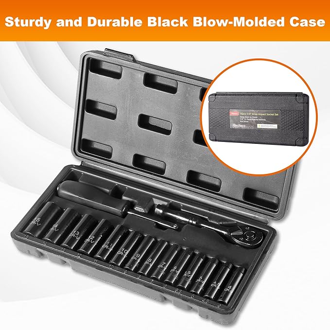 16-Piece 1/4" Drive Socket Set, Metric (4mm-15mm), Deep Sockets, 72-Tooth Ratchet Wrench, Drive Spinner Handle, 6 Point Design, Cr-V
