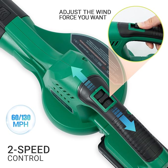 20V Cordless Leaf Blower with Battery and Charger, Leaf Blower Battery Operated, Variable Speed with 2 Tubes for Patio, Leaves Blowing-Green