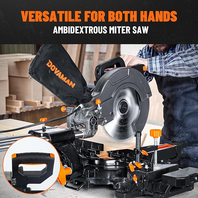 DOVAMAN Updated 10-Inch Sliding Miter Saw, Multi-Material Cutting w/ 3 x TCT Blades, Ambidextrous Operation, 5000/3200RPM Speed, Laser Guide, 0-45° Bevel Cut, Max Cut 3.5x13.4in, 9 Positive Stops