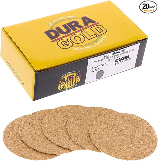 Dura-Gold Premium 2" Gold Hook & Loop Sanding Discs - 60 Grit (Box of 20) - High-Performance Extra Coarse Cut Abrasive Sandpaper Discs - for DA Sanders Drill, Sand Automotive Paint, Woodworking Wood
