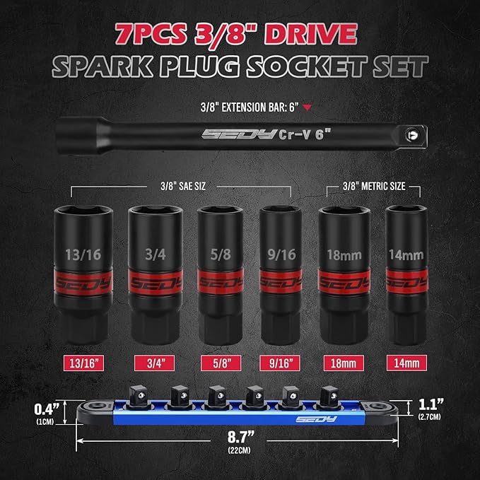 8-Piece 3/8''-Drive Spark Plug Socket Set, SAE & Metric Impact Spark Plug Socket Set with Magnetic Rail, 9/16-inch, 5/8-inch, 3/4-inch, 13/16-inch, 14mm, 18mm, Extension Bars