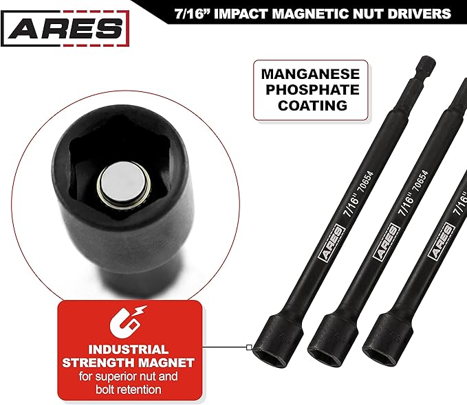 ARES 27010-3-Piece 7/16-Inch Magnetic Impact Nut Driver Bit Set - 6-Inch Length - Impact Grade Nut Setters with Industrial Strength Magnets