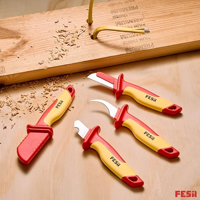 FESA Insulated Cable Knife Set - 4-Piece 1000V Insulated Electrician Knife Set for Cable & Wire Dismantling, Stripping & Skinning - With a Compact Zippered Storage Case - 1000V Insulated Tool Set