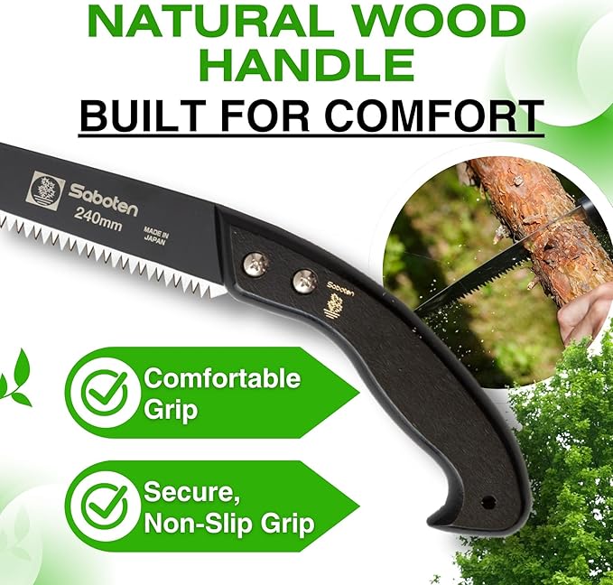 Saboten Japan 9.4" Japanese Pruning Saw ??Fluorine-Coated High-Carbon Steel Blade, Traditional Wooden Handle, Precision Pull Cut Tool for Branches ??forest Originals, Made in Japan