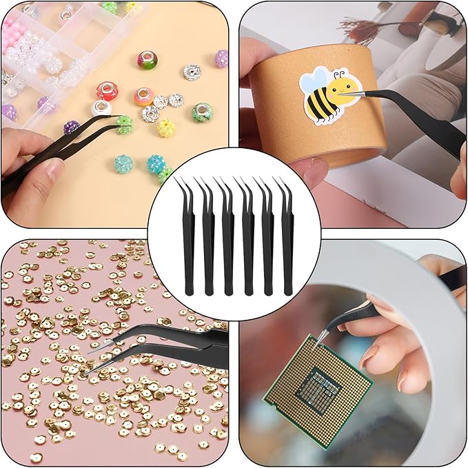 30Pcs Stainless Steel Craft Tweezers 4.9Inch Curved Pointed Tweezers with Protective Cover, Multipurpose High Precision Tweezer for Craft Sewing Stickers Eyelash Jewelry Making(Black)