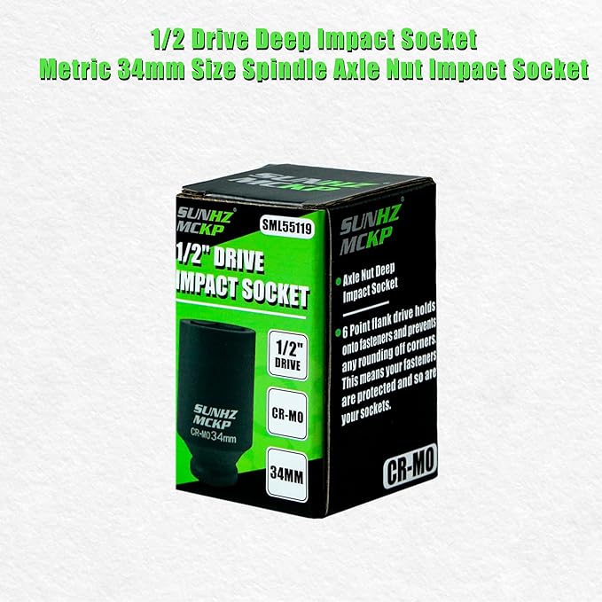 SUNHZMCKP 1/2 Inch Drive Impact Socket - Metric 34 mm Deep 6 Point CR-MO Axle Nut Impact Grade for Easy Removal