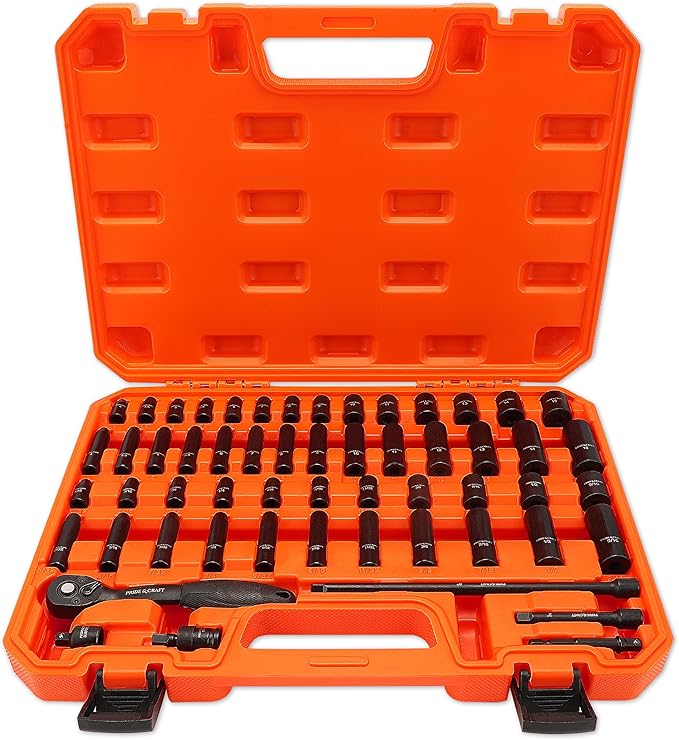 PRIDE&CRAFT 1/4" 56-Piece Impact Driver Socket Set, SAE (5/32 to 9/16 inch) and Metric (4-15mm) Sizes with Adapters, Extension Bars, Universal Joint, Torque Wrench, One Set for All, Gift for Him